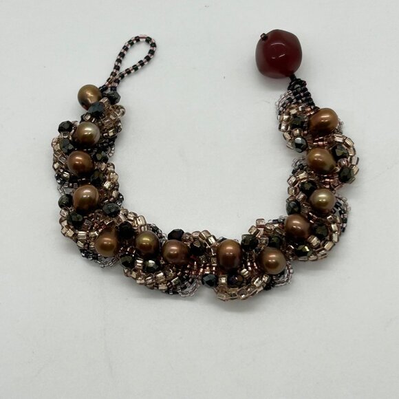 Vintage Woven Beaded Bracelet With Freshwater Pearls & Carnelian Bead Accent - Picture 2 of 14